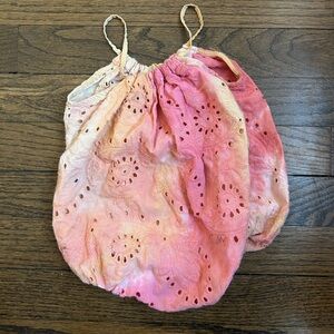 Bebe organic tie dye embroidered romper in pink and orange, Size 12 months